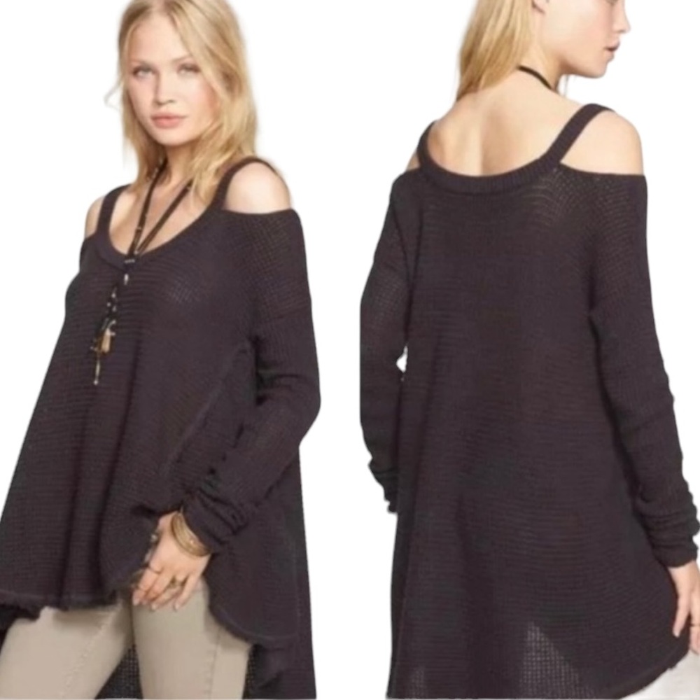 Free People Moonshine Dark Gray V-Neck Cold Shoulder A-Line Knit Sweater - M / L